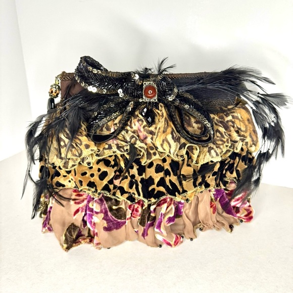 Mary Frances Leopard and Floral Beaded Shoulder Bag  Accented with Feathers - Picture 11 of 11